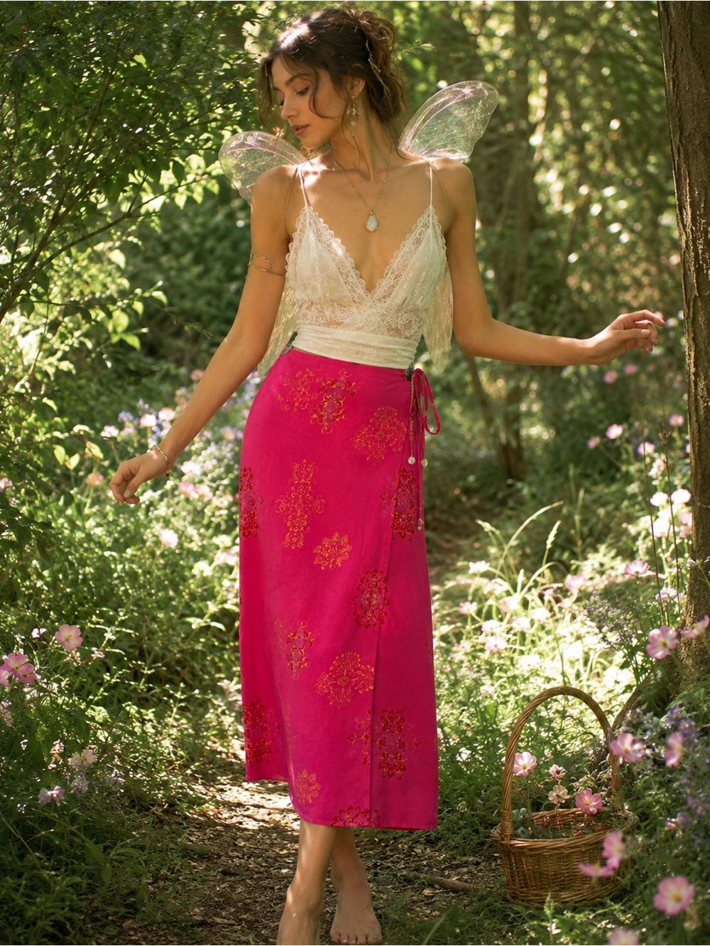 NWT Y2K 100% Silk Wrap Pink Midi Skirt Vintage Fairy Romantic